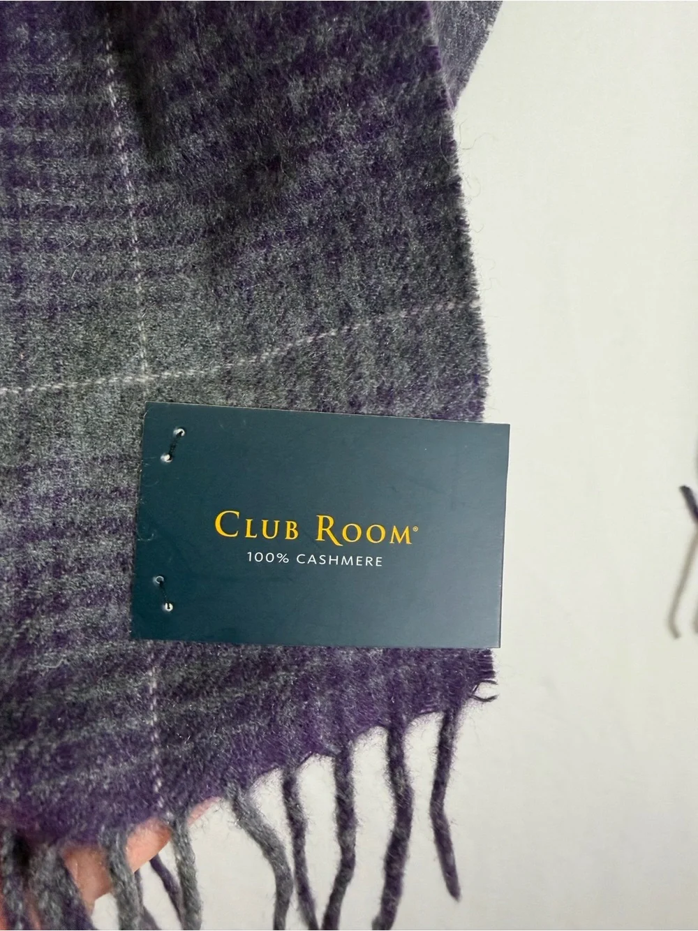 CLUB ROOM MULTI-COLOR GREY/PURPLE PLAID FRINGE TRIM 100% CASHMERE SCARF